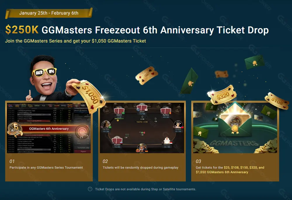 GGPoker $250K GGMasters 6th Anniversary Ticket Drop GGPoker February giveaway $250K GGMasters tickets Jan 25-Feb 7 - $25 to $1050 values