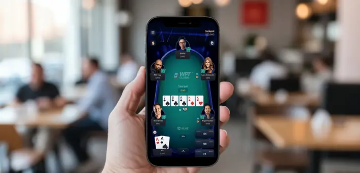 Smartphone displaying online poker app interface showing mobile-first poker platforms