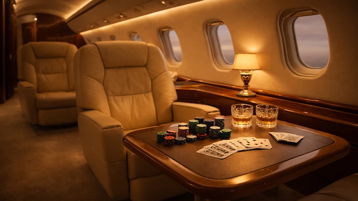 Interior of a luxury private jet cabin with poker chips and cards on a table representing high roller casino VIP programs