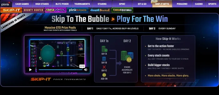ACR Poker Skip-It MTTs client lobby showing Day 1 AI Races and Day 2 stack accumulation ACR Poker client showing Skip-It MTTs promotional screen with Day 1 AI Races, Day 2 Sunday finals, and stack accumulation explainer