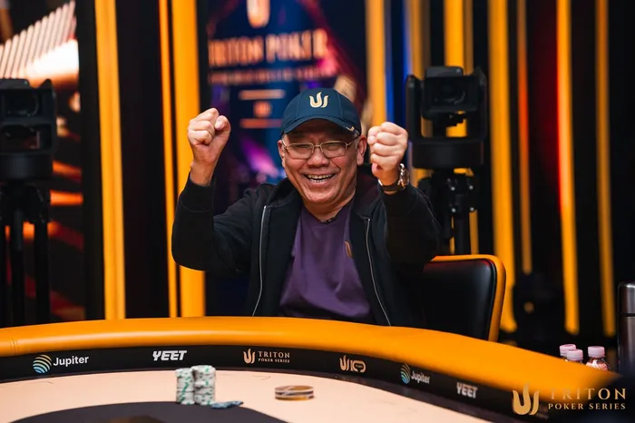 Paul Phua celebrating with fists raised at the Triton Poker Series Jeju 2026 Short Deck final table