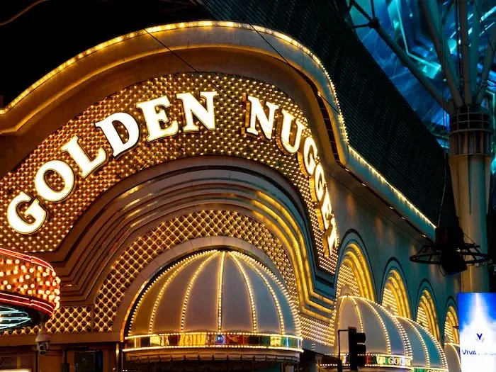 Golden Nugget Las Vegas lit up on Fremont Street in downtown Las Vegas where Fertitta operates the last remaining downtown poker room