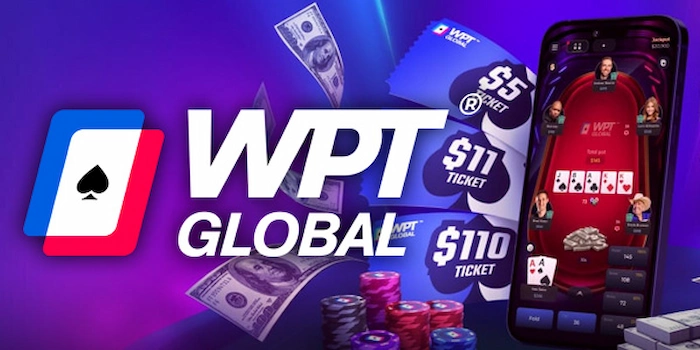 Promotional graphic for WPT Global online poker platform, featuring colorful ticket icons ($5, $11, $110 tickets), cash stacks, poker chips, playing cards, and a smartphone displaying a live poker table with avatars and game interface, set against a vibrant blue-purple gradient background with WPT logo.