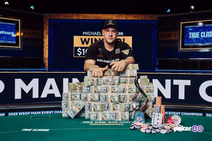 Michael Mizrachi celebrating his 2025 WSOP Main Event victory at Horseshoe Las Vegas