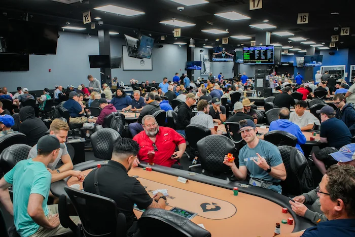Lodge Card Club poker room interior showing a packed tournament before the March 2026 TABC raid and closure