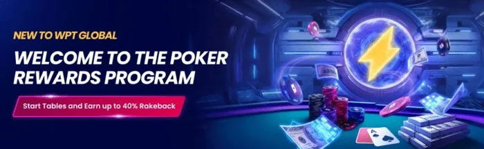 WPT Global Poker Rewards Program page showing Table Starter Boost offering up to 40 percent rakeback