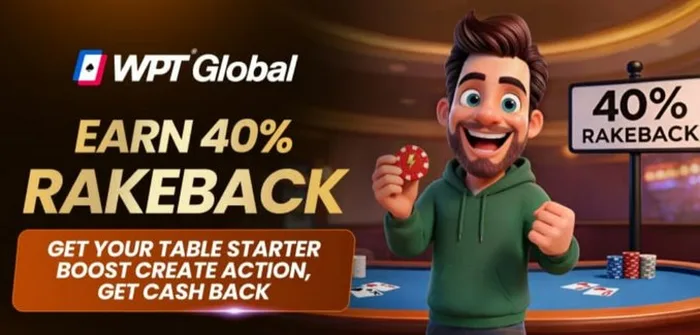 WPT Global Table Starter Boost promotion graphic showing 40 percent rakeback for cash game table starters