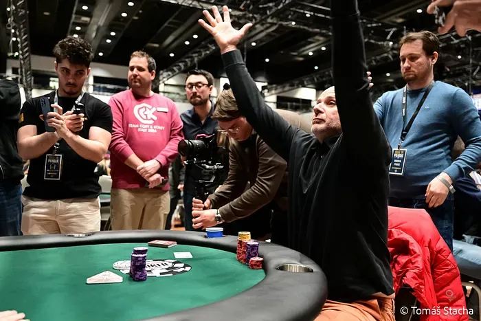 Gilles Silbernagel celebrates his first WSOP bracelet after defeating Shaun Deeb with quad sixes in the Colossus at WSOP Europe Prague 2026