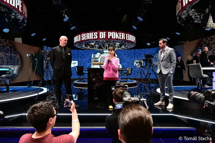 Annette Obrestad on the WSOP Europe Prague 2026 stage delivering the shuffle-up-and-deal ceremony for the Main Event