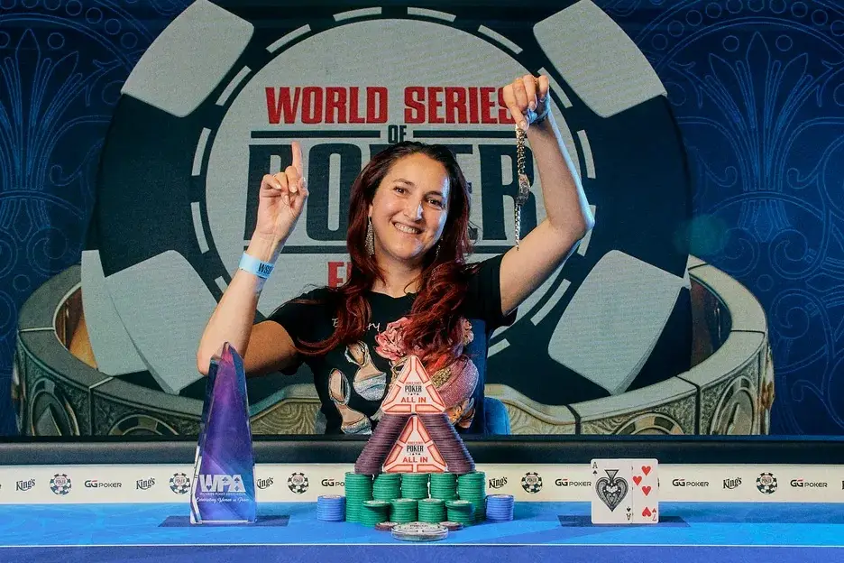 Anca Eggenberger celebrates winning the first WSOPE Ladies Championship bracelet in Prague