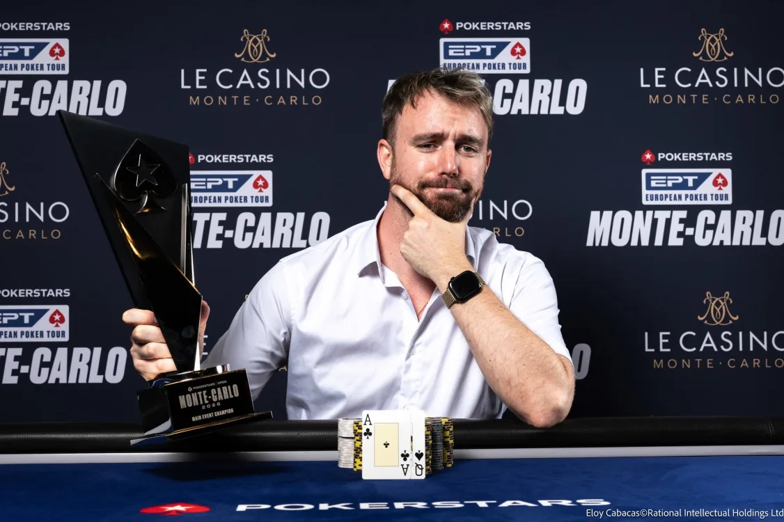 Joris Ruijs with the PokerStars Open Monte Carlo 2026 Main Event trophy and pocket aces