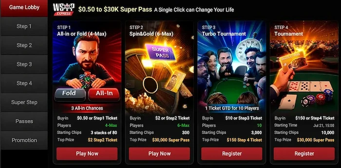 WSOP Express satellite lobby on GGPoker showing the four-step qualification ladder