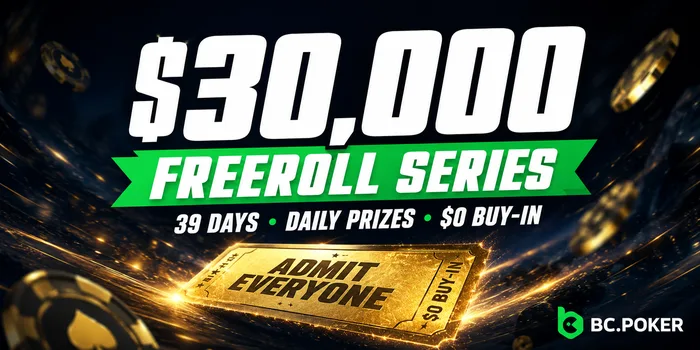 BCPoker $30,000 Freeroll Series golden ticket banner showing 39 days of daily prizes with zero buy-in