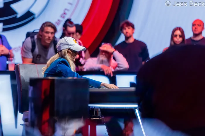 Kristen Foxen in action during heads-up play at the WSOP 2026 $25,000 High Roller final table