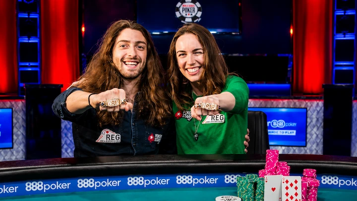 Liv Boeree and Igor Kurganov holding up their WSOP Tag Team Championship bracelets in 2017, with $25.8 million in combined poker earnings