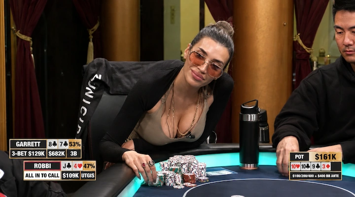 Hustler Casino Live stream screenshot showing Robbi Jade Lew's J-4 call against Garrett Adelstein's 8-7 in the controversial $269,000 pot