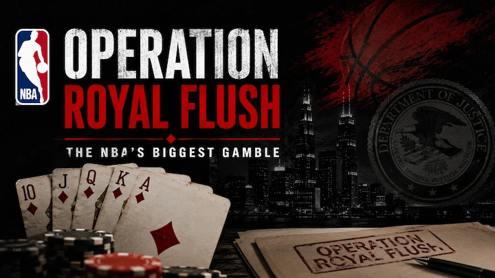Operation Royal Flush graphic showing poker cards, DOJ seal, and NBA logo representing the 2025 FBI investigation into Mafia-backed rigged poker games Title: Operation Royal Flush NBA Mafia Poker Scandal
