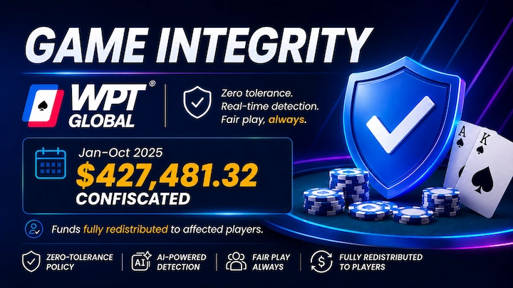 WPT Global game integrity figures showing $427,481.32 confiscated from banned accounts between January and October 2025 and fully redistributed to affected players
