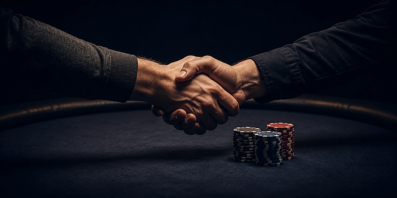 Two poker players shaking hands over a bare table with a stack of chips beside them, and no written agreement of any kind