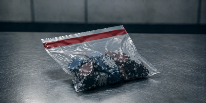Poker chips sealed inside a clear evidence bag on a steel table, representing the rare poker debt cases that reach a criminal court