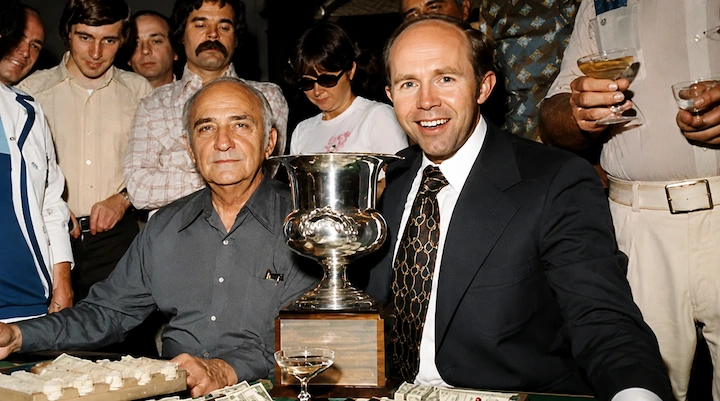 Johnny Moss, the first WSOP champion, with the silver cup trophy at Binion's Horseshoe in the early 1970s