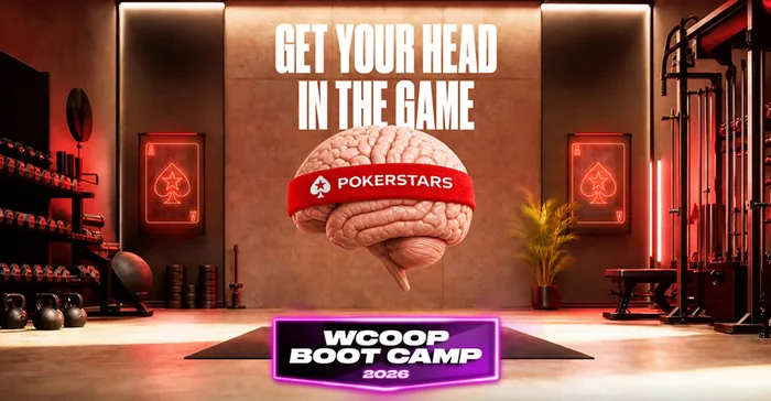 PokerStars WCOOP Boot Camp 2026 promotional artwork with a brain wearing a PokerStars headband in a gym