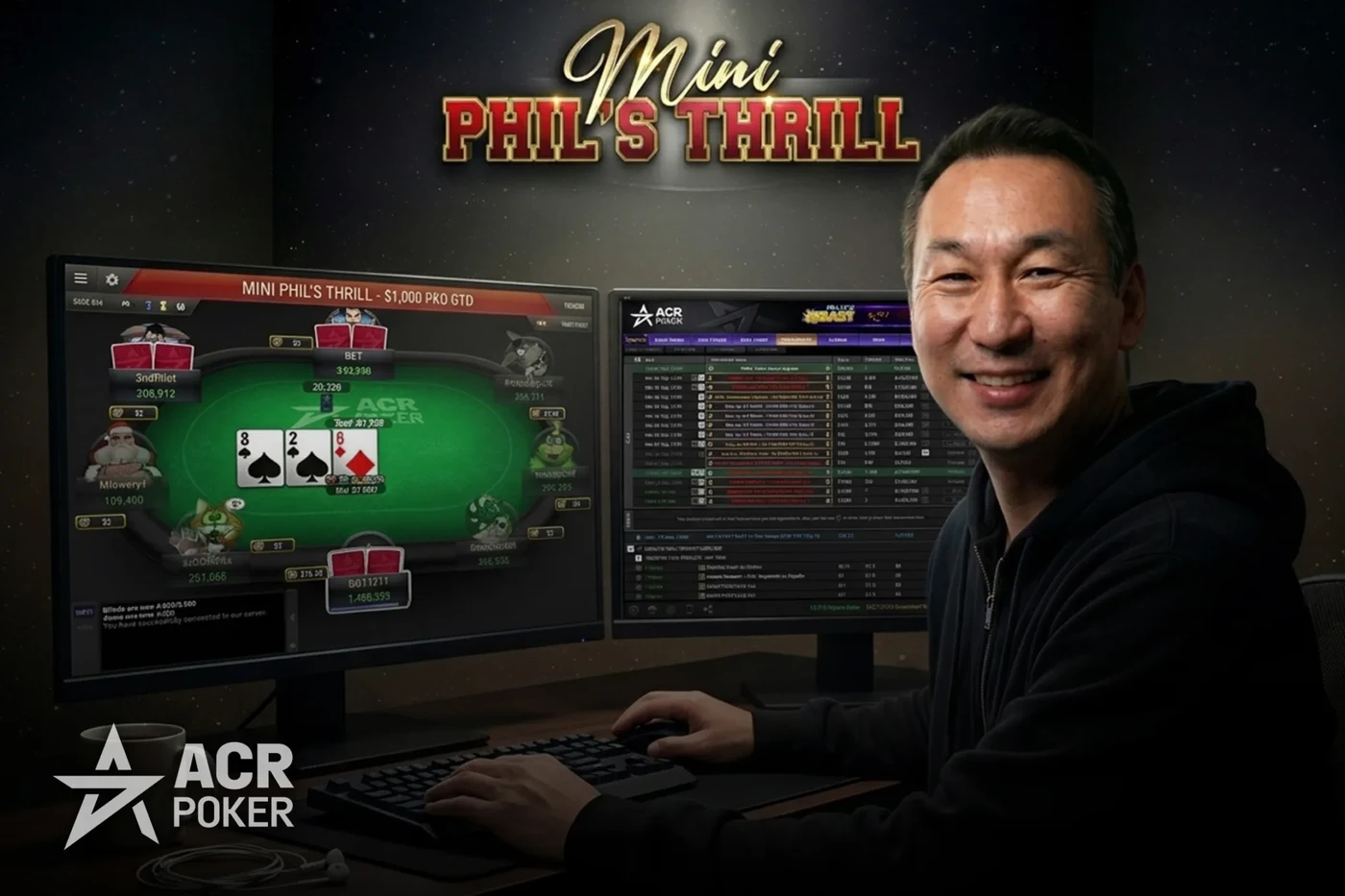 Mini Phil's Thrill branding above a player at a two-screen ACR Poker setup