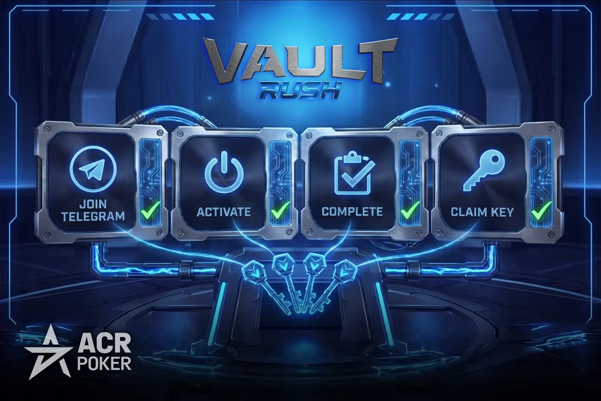 ACR Poker Vault Rush challenge sequence: join Telegram, activate, complete, claim key ACR Poker Vault Rush graphic showing the four-step sequence of joining Telegram, activating, completing the challenge and claiming the key