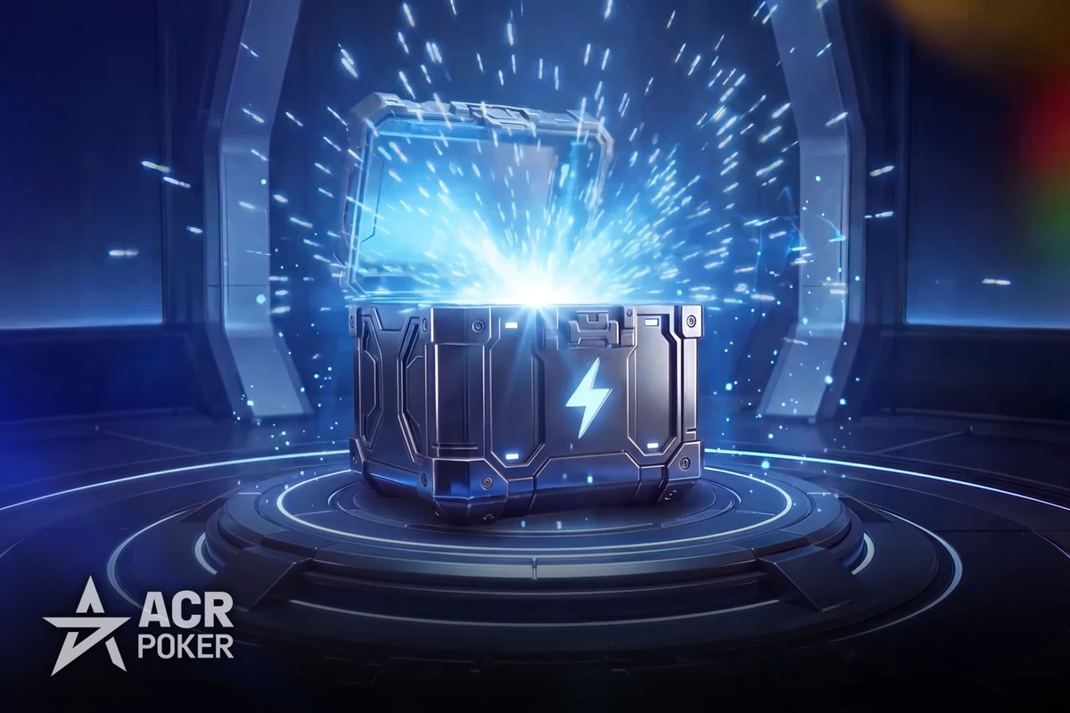 Opening the Vault in ACR Poker Vault Rush ACR Poker Vault Rush graphic showing the digital Vault opening with light bursting from inside