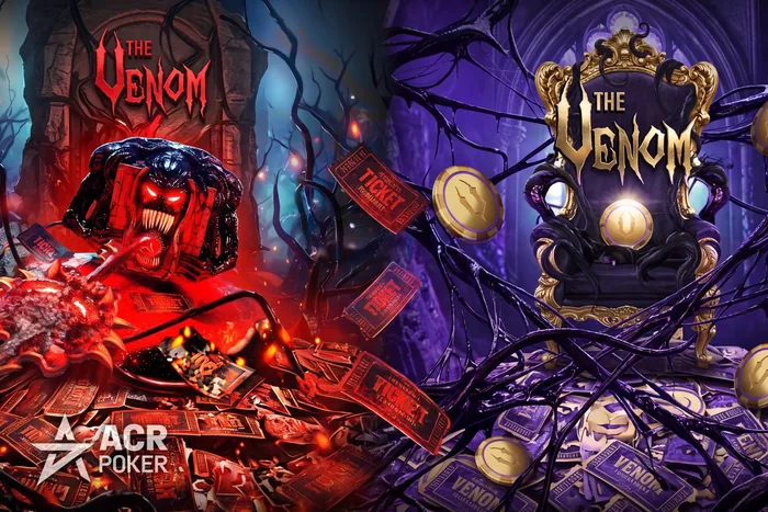 Road to the Venom Seats ACR Venom dual tournament artwork with Venom tickets and coins for the NLH and PLO events