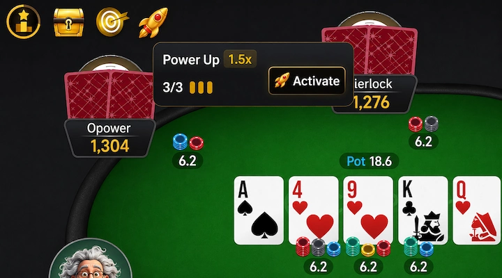 Activating a CoinPoker 3-Bet Club Power Up CoinPoker table showing the 3-Bet Club Power Up panel with a 1.5x multiplier and an Activate button