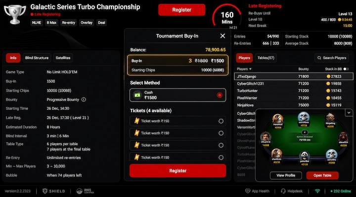 CoinPoker tournament buy-in with the 3-Bet Club discount applied CoinPoker tournament registration showing the standard buy-in struck through and the reduced 3-Bet Club price charged instead