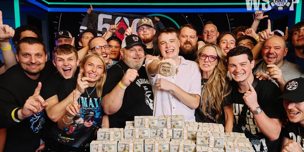 Lucas Jumalon celebrates with his rail at the 2026 WSOP Main Event Lucas Jumalon and his rail celebrate the 2026 WSOP Main Event win