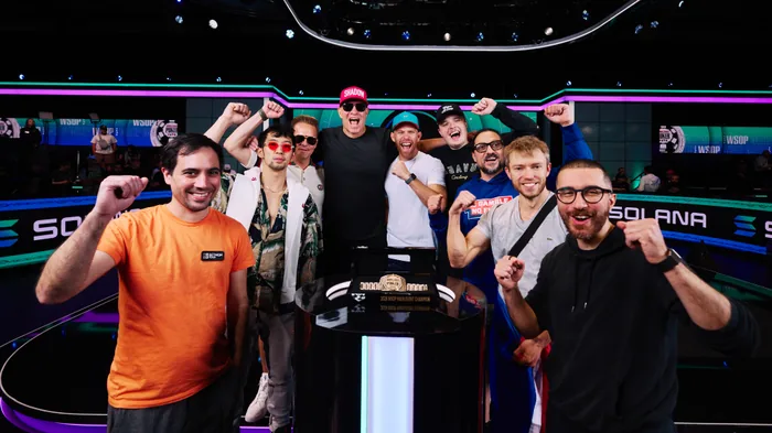 The WSOP 2026 Main Event final nine The nine finalists celebrating together after reaching the WSOP 2026 Main Event final table