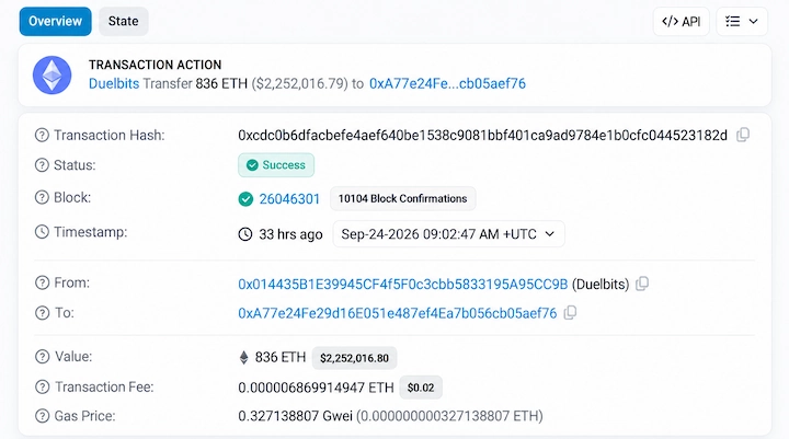 Duelbits Hack 836 ETH Transfer on Etherscan Etherscan transaction showing 836 ETH sent from the Duelbits hot wallet to the attacker address on September 24, 2026