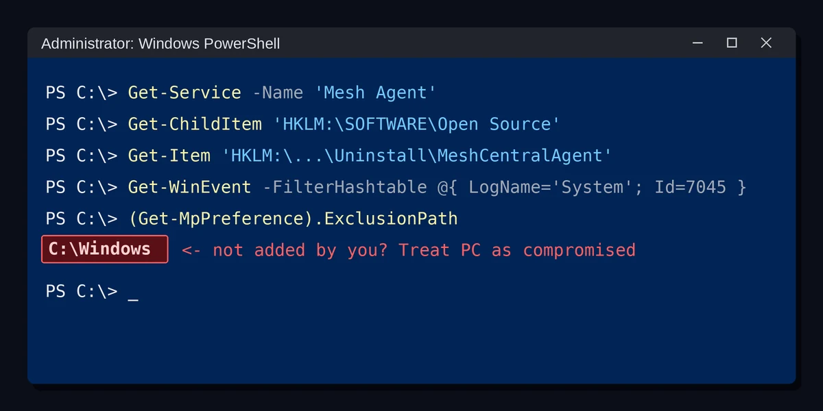 Mesh Agent PowerShell Check PowerShell checks for the Mesh Agent service, MeshCentral registry keys and a Defender exclusion on C:\Windows