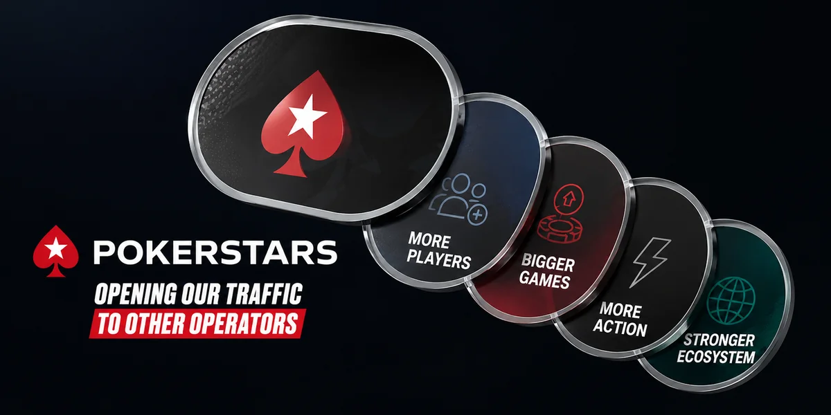 Illustration for the PokerStars Network launch reading opening our traffic to other operators, with panels for more players, bigger games, more action and stronger ecosystem
