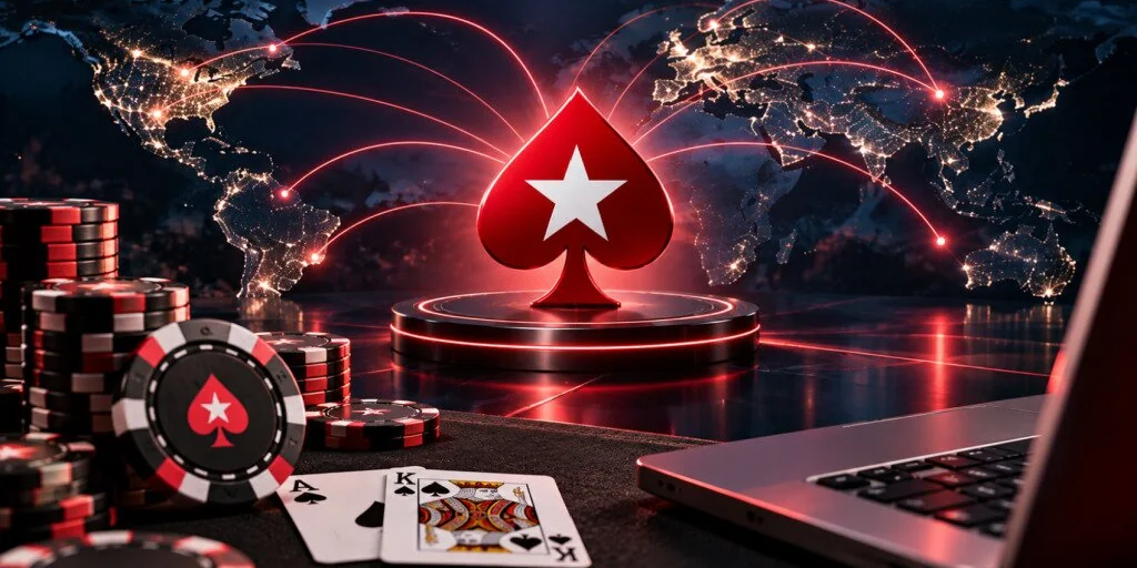 Red PokerStars spade on a lit plinth with connection lines arcing across a world map, beside chips, cards and a laptop
