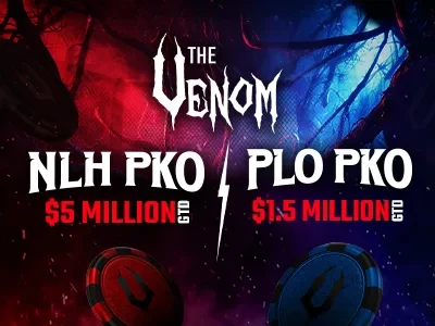 ACR Poker The Venom: NLH PKO $5 million guaranteed and PLO PKO $1.5 million guaranteed ACR Poker The Venom graphic for the October 2026 Dual Venom PKOs showing the $5 million guaranteed NLH PKO and the $1.5 million guaranteed PLO PKO with red and blue Venom chips