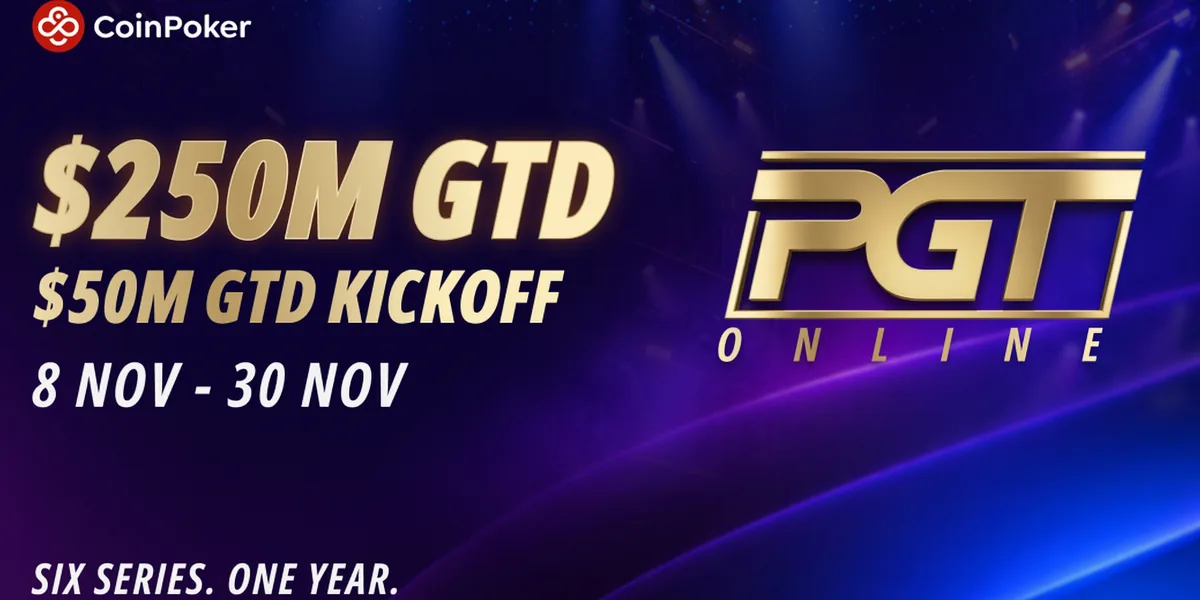 CoinPoker PGT Online key art showing $250M GTD, the $50M GTD KickOff Series from 8 to 30 November and the PGT Online logo