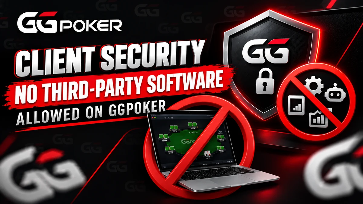 GGPoker Client Security graphic: no third-party software allowed on GGPoker, with a shield, a padlock and a crossed-out laptop running a poker client