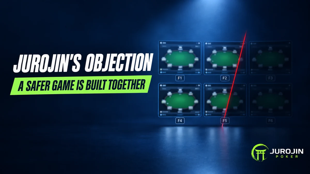 Jurojin's objection to the GGPoker third-party software ban, with a grid of six table-manager windows split by a red line and the Jurojin Poker logo