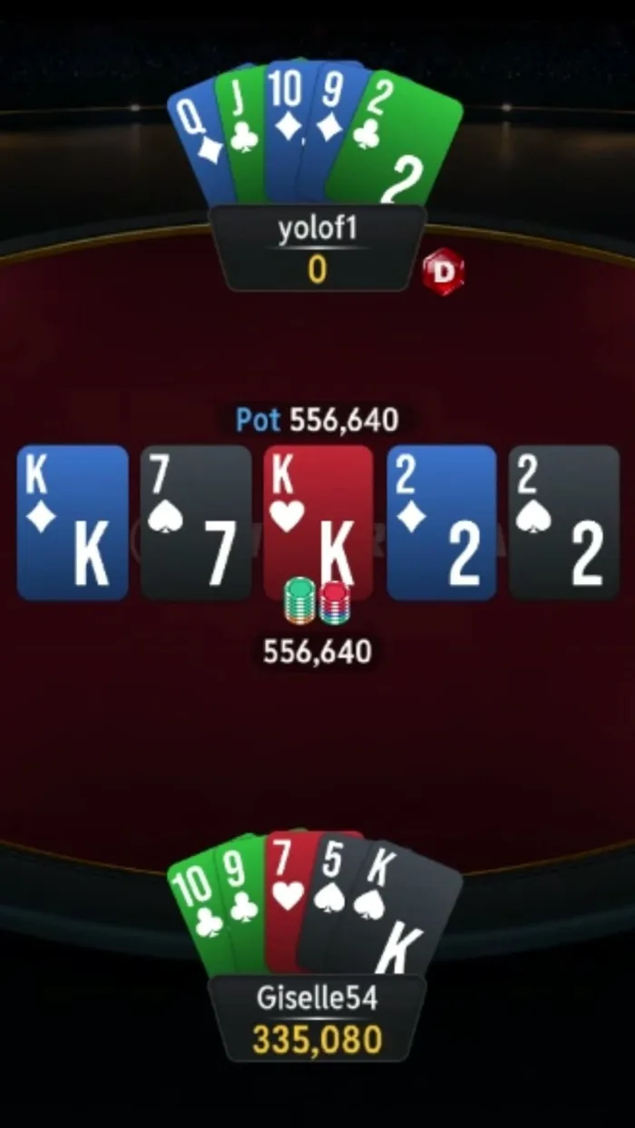 Giselle54 holding ten-nine of clubs, seven of hearts, five of spades and king of spades on a king-seven-king-deuce-deuce board with the pot at 556,640