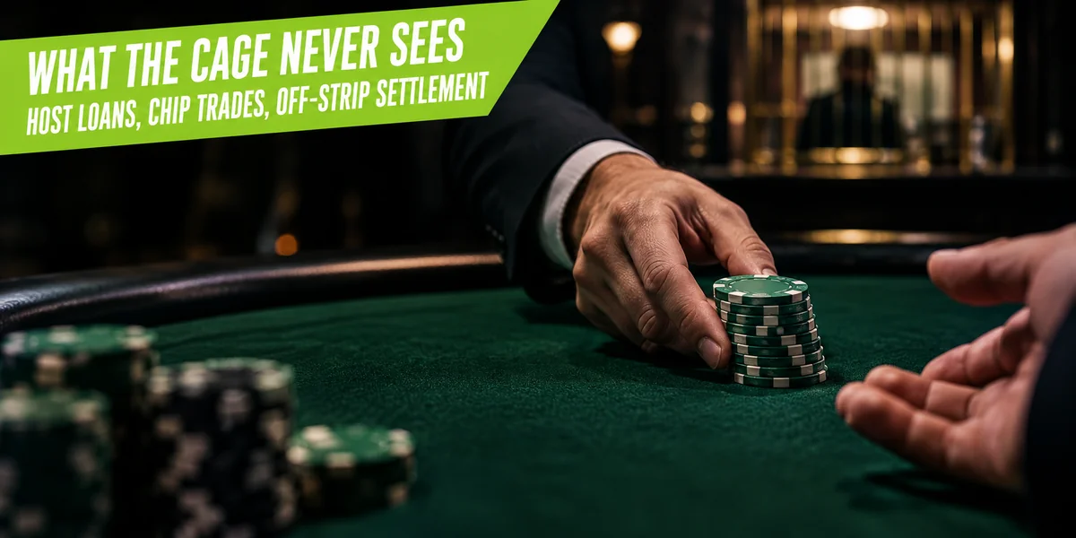 What the cage never sees: host loans, chip trades and off-Strip settlement A player passes a stack of green poker chips to another at a casino table while the cashier cage sits out of focus behind them