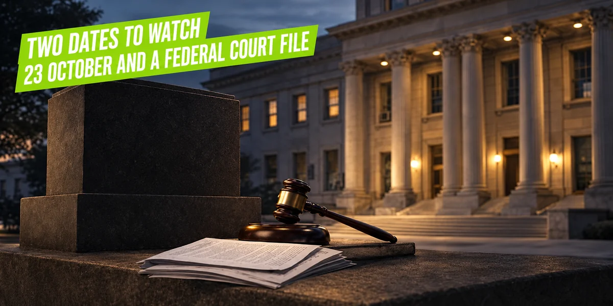 Two dates to watch: 23 October and a federal court file A gavel and a stack of legal papers on a stone ledge in front of a columned courthouse at dusk