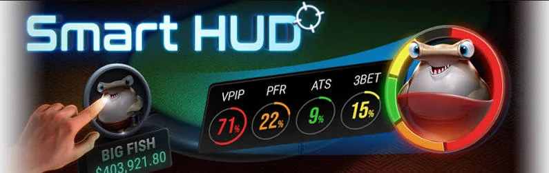 GGPoker Smart HUD, the only stats overlay permitted on GGPoker tables GGPoker Smart HUD promotional banner showing VPIP, PFR, ATS and 3-bet rings beside the fish avatar