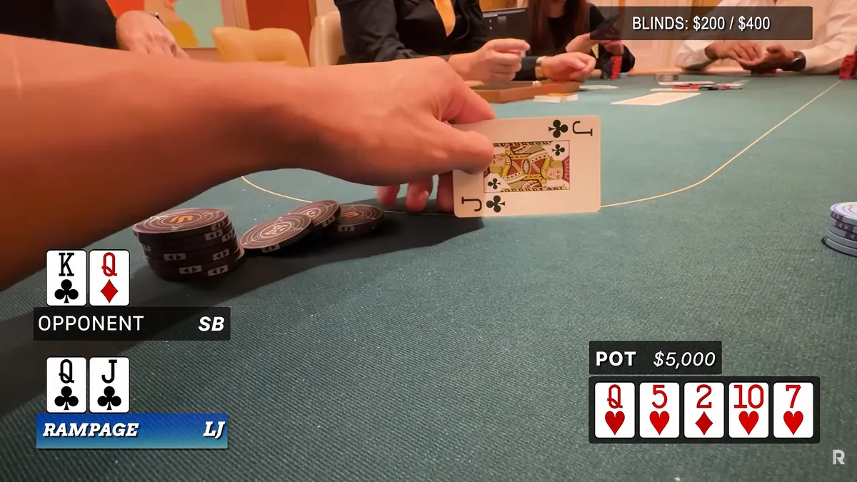 Rampage shows queen-jack of clubs at showdown against king-queen in the first hand of the Jeju Island private game at $200/$400