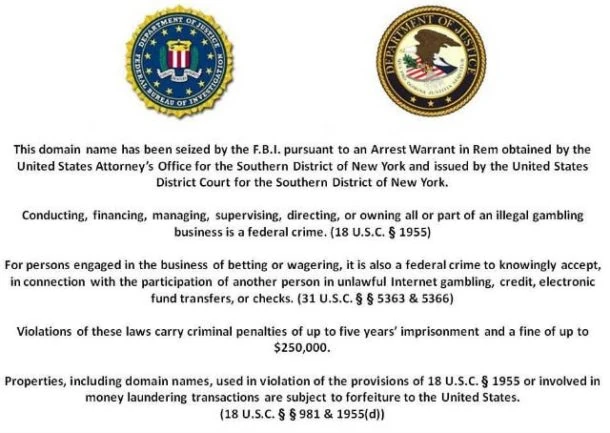 The FBI domain seizure notice that replaced Full Tilt Poker on 15 April 2011, Black Friday, ending the Durrrr Challenge venue